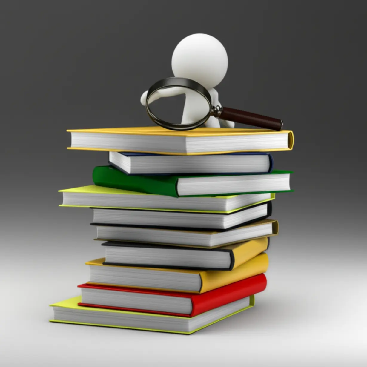 귀여운-3D-책-더미-위에-돋보기가-놓여-페이지를-확대하는-모습