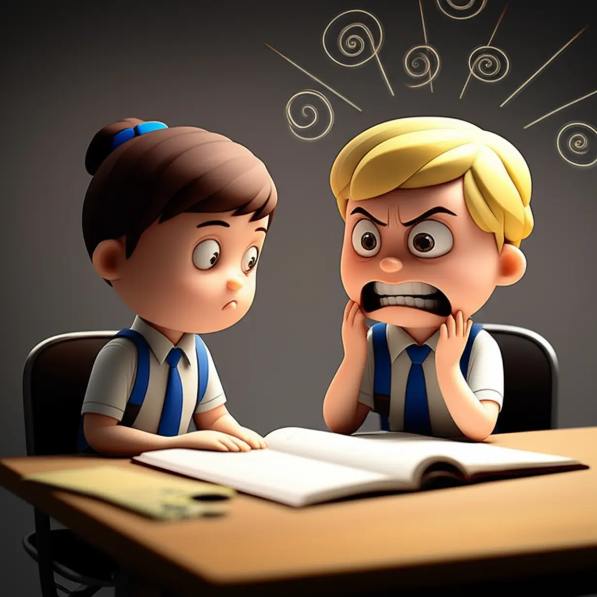 귀여운-3D-학생들이-나란히-앉아-각기-다른-강도로-공부하는-모습