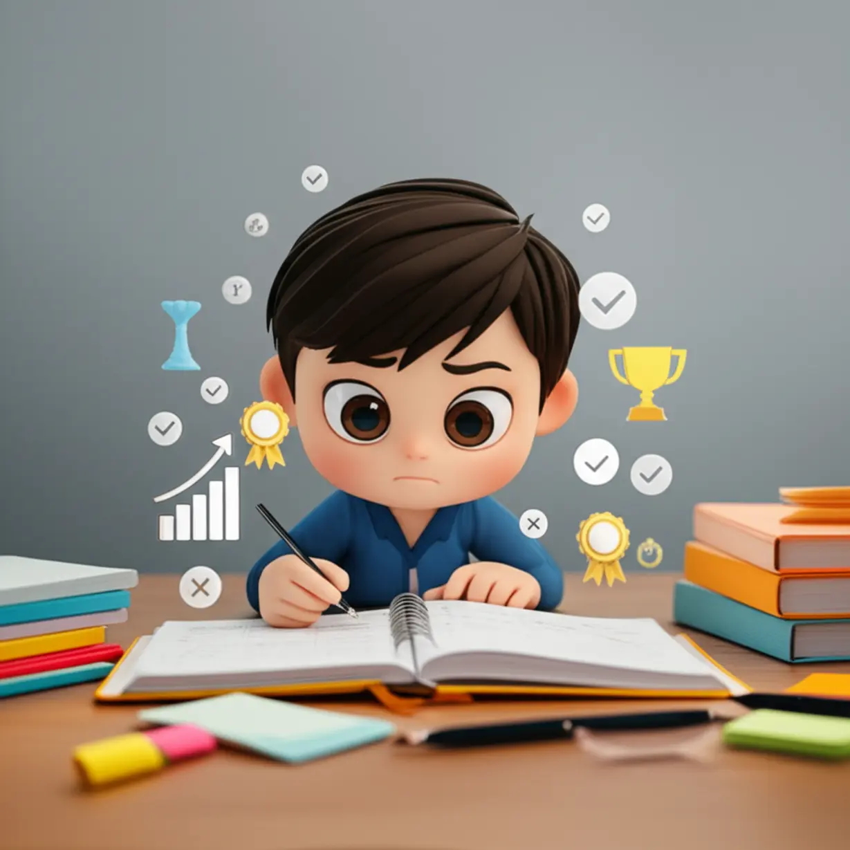 Cute-3D-cartoon-character-studying-with-symbols-of-progress-and-success