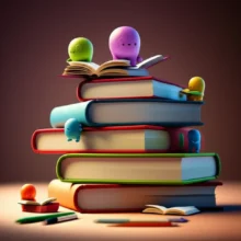 책-더미와-독서하는-귀여운-캐릭터들이-있는-3D-이미지,-텍스트힙-문화-표현