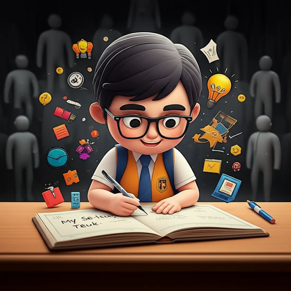 3D-cute-student-character-writing-unique-ideas-for-Se-teuk,-highlighting-creativity-versus-generic-examples.