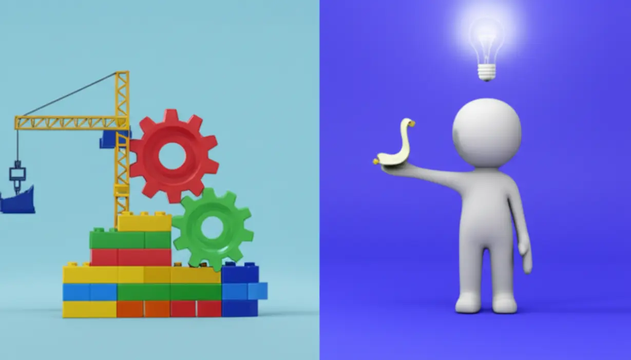 A-3D-illustration-showing-two-distinct-concepts:-building-blocks-on-one-side-and-a-person-with-a-glowing-light-bulb-on-the-other,-representing-