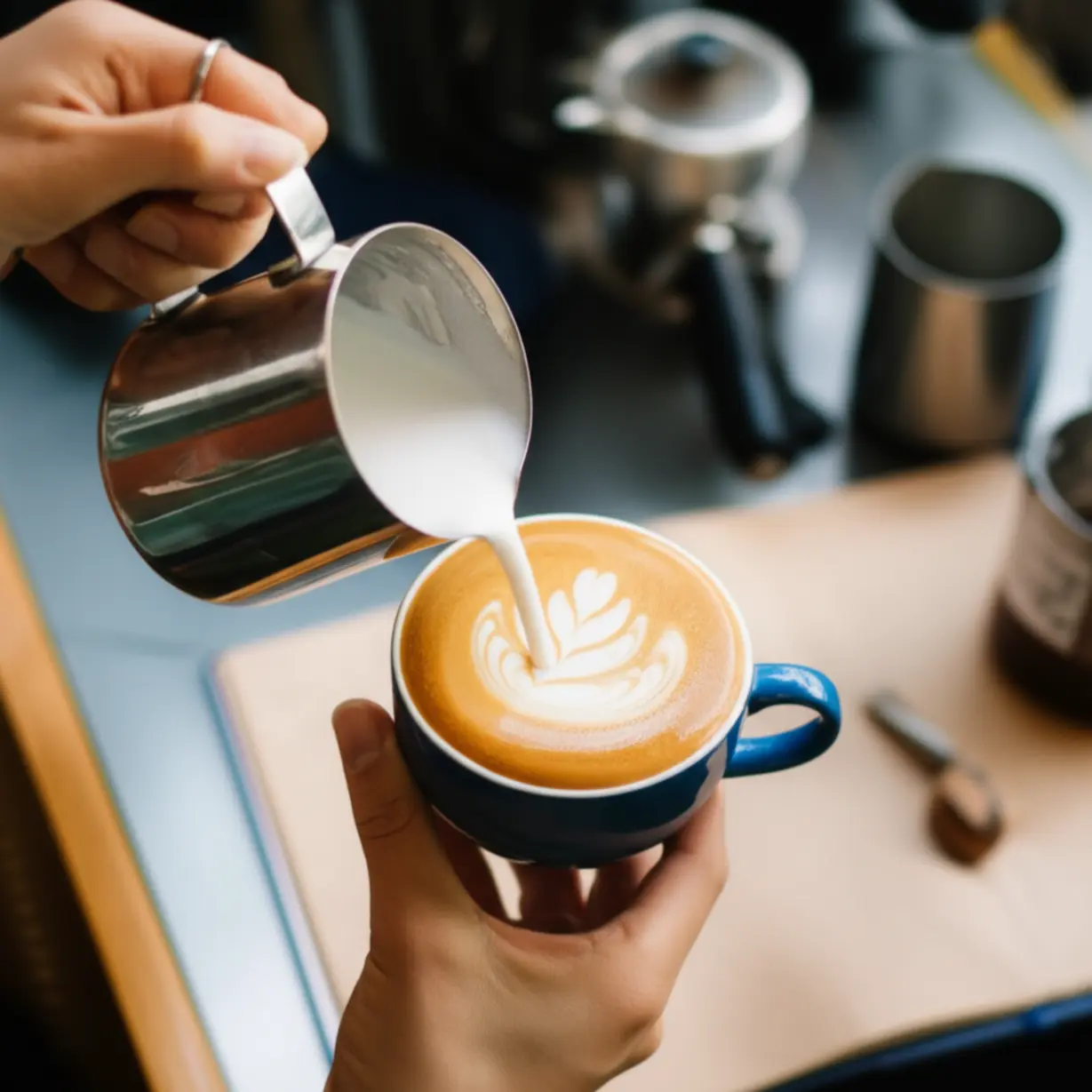 라떼-아트를-연습하는-손과-커피-장비,-그리고-학습-노트가-함께-있는-이미지.
