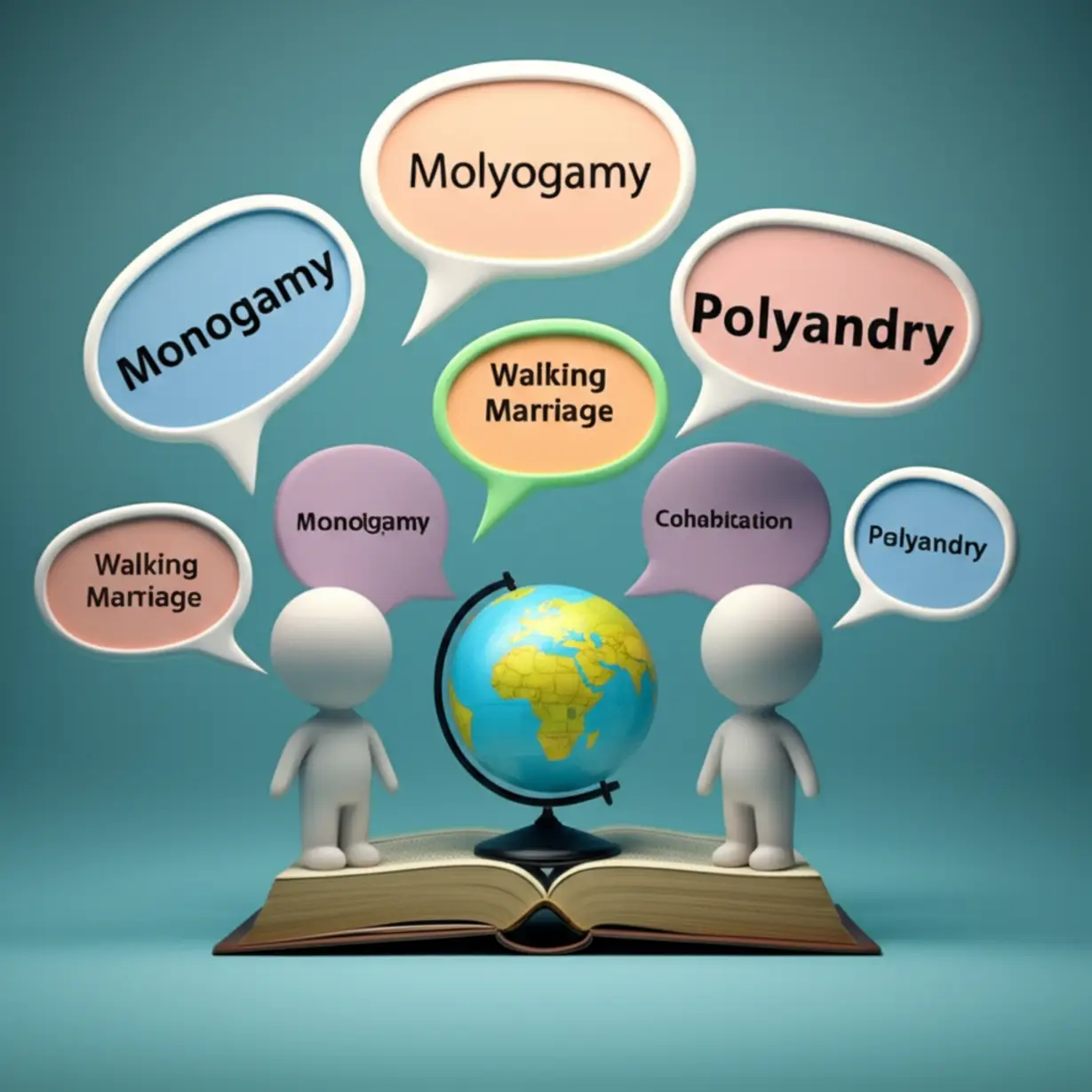 Stylized-3D-image-with-figures-and-speech-bubbles-containing-English-marriage-terms.