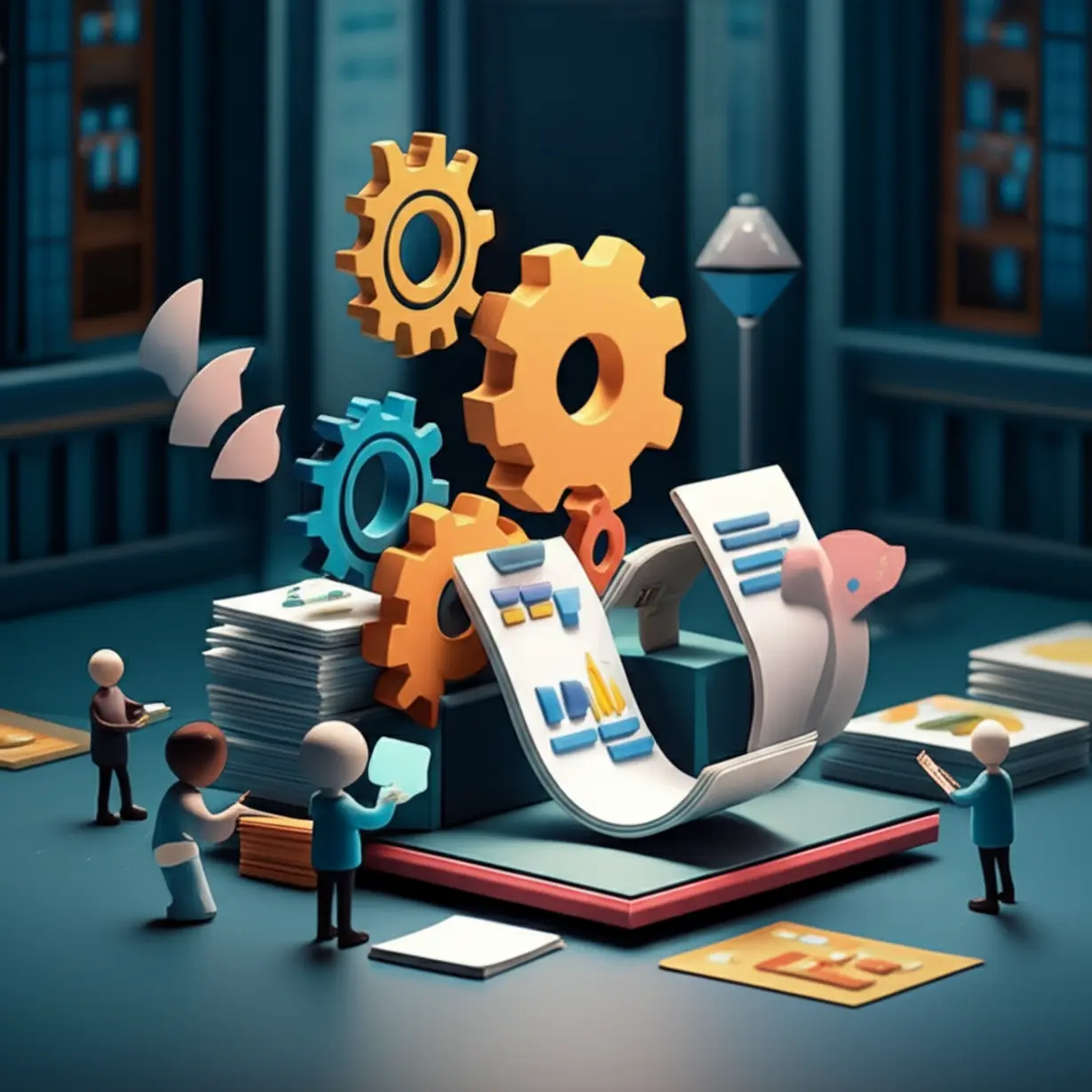 Stylized-depiction-of-an-evaluation-process-with-documents-and-data-analysis.
