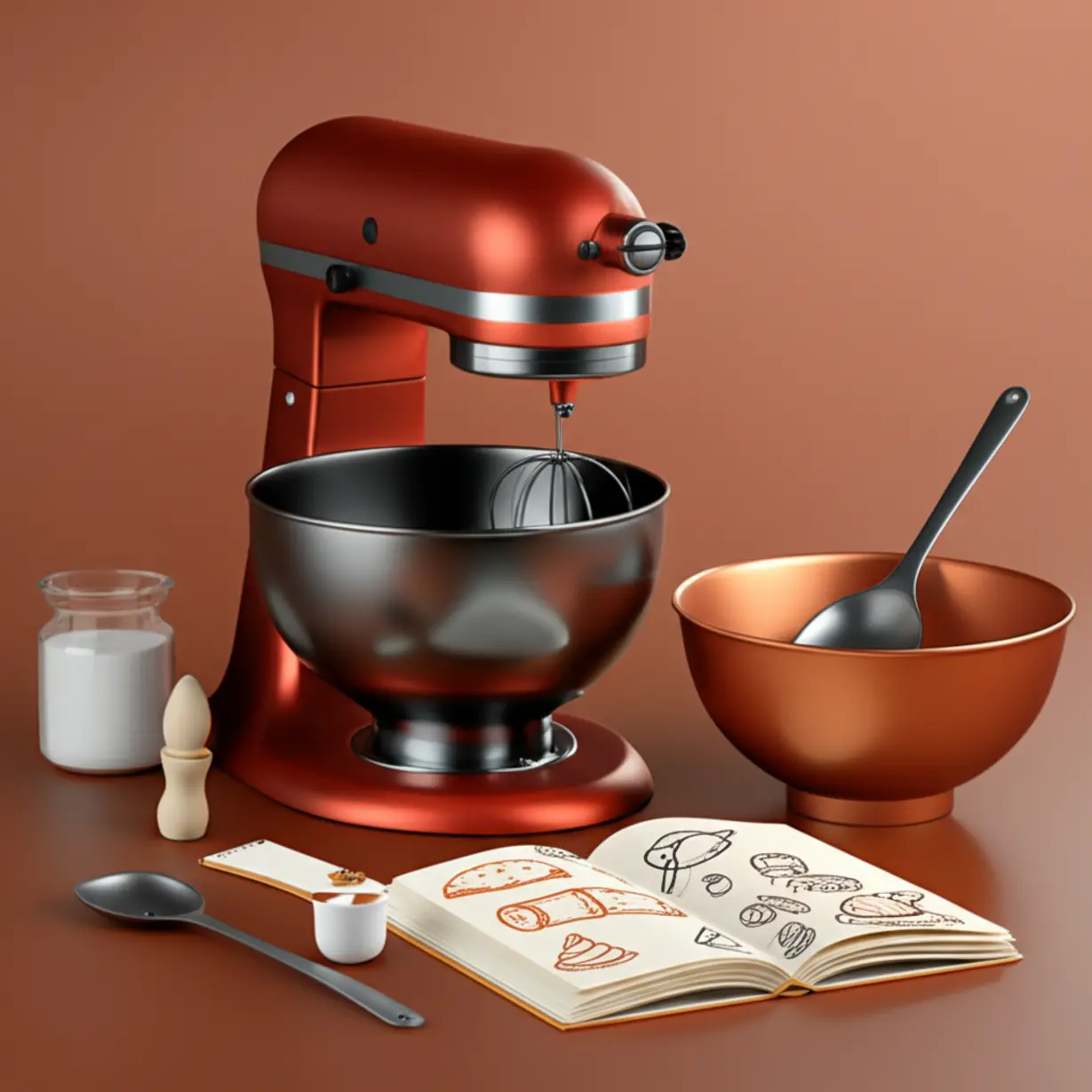 An-open-notebook-with-pastry-drawings-next-to-baking-tools,-symbolizing-exam-preparation.