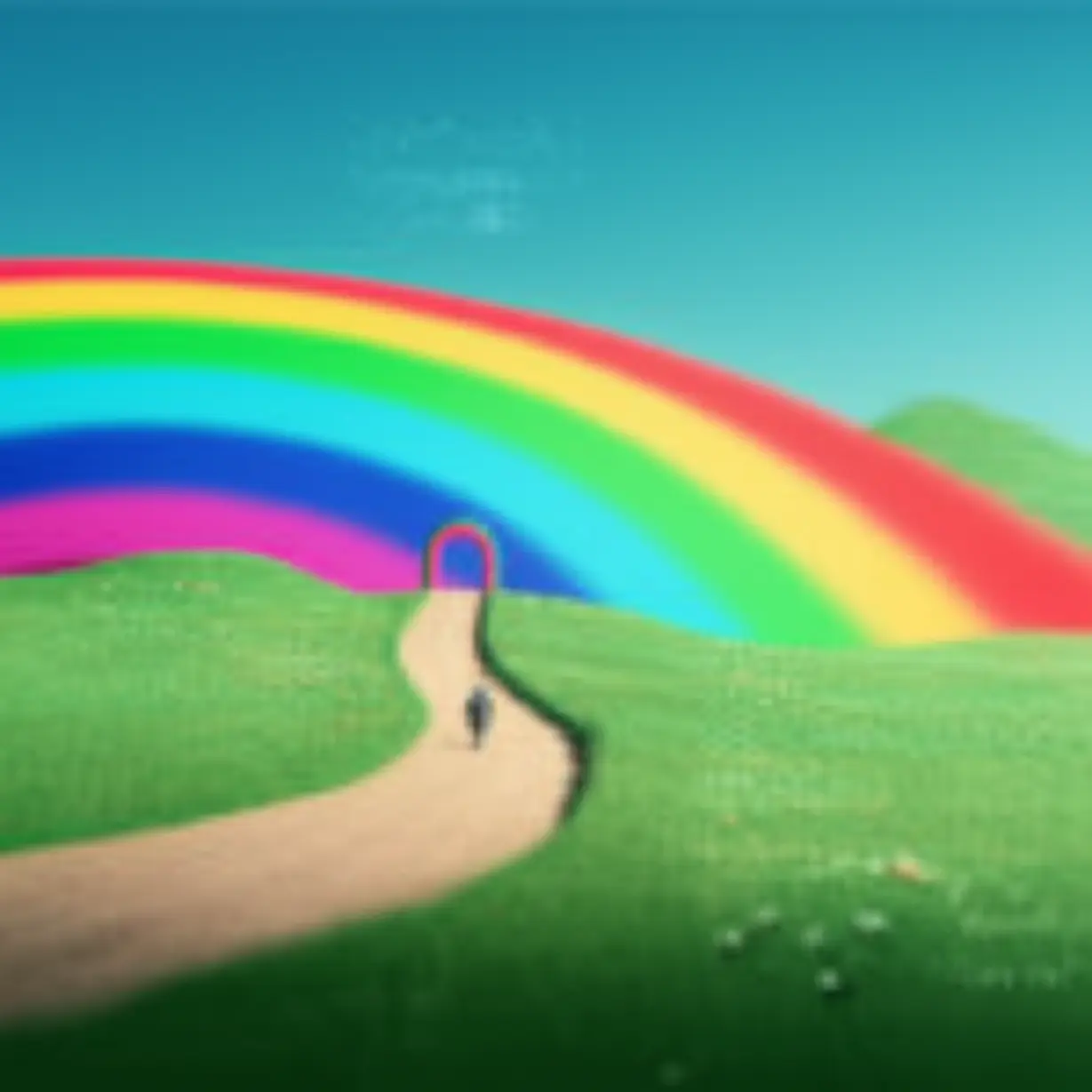 Cute-3D-image-of-a-winding-path-through-a-landscape-leading-to-a-unique-goal,-with-a-small-character-walking.