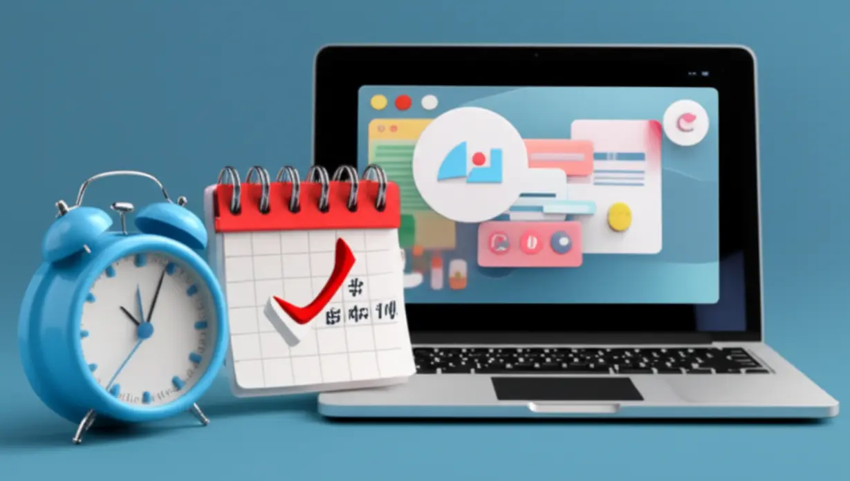 시계와-달력-요소와-함께-온라인-학습-기기가-있는-모습으로,-성인을-위한-유연한-학습-일정을-표현한-3D-이미지