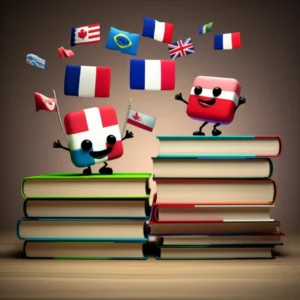 프랑스어와-영어-책들이-서로-소통하며-단어가-떠다니는-귀여운-3D-이미지