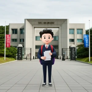 부산대학교를-연상시키는-대학-교문-앞에-서-있는-수험생의-3D-이미지