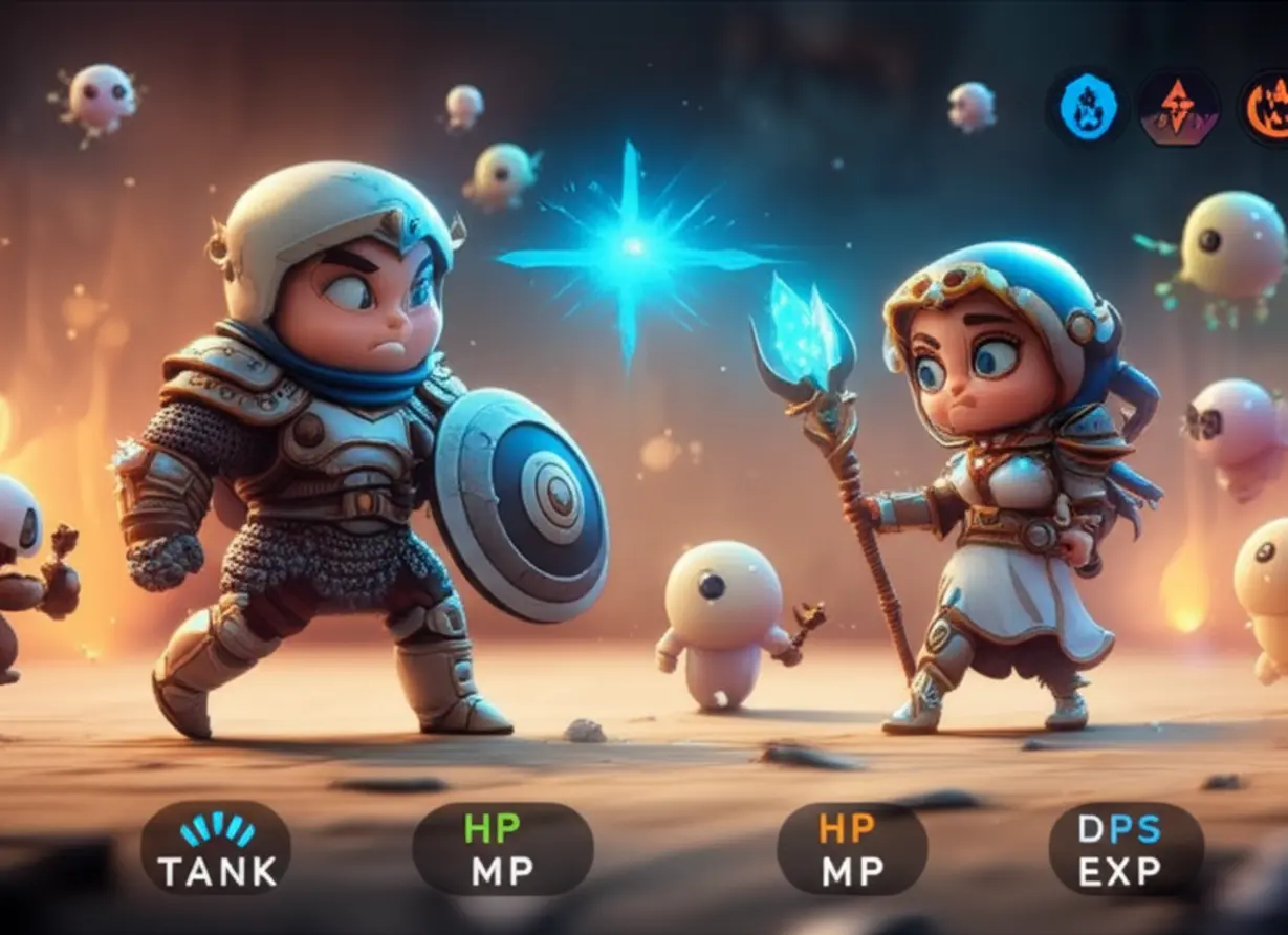 Tank,-Healer,-DPS-등-게임-역할을-표현하는-캐릭터와-HP,-MP-아이콘이-있는-귀여운-3D-이미지.