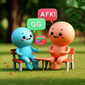 다양한-스타일의-캐릭터들이-앉아-대화하며-게임-용어-약자가-담긴-말풍선이-떠-있는-귀여운-3D-이미지