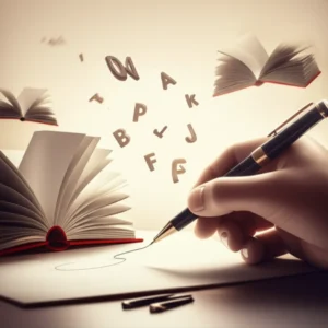 Cute-3D-rendered-image-of-a-hand-writing-on-paper-with-books-nearby.