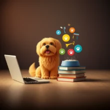 Cute-3D-illustration-of-a-golden-retriever-sitting-with-books-and-a-laptop,-with-icons-for-pet-care.
