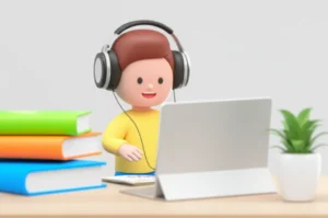 토익-학습지와-인강으로-즐겁게-공부하는-사람의-귀여운-3D-이미지