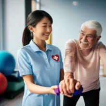 A-health-manager-assisting-an-elderly-person-with-light-exercise-in-a-bright-room.