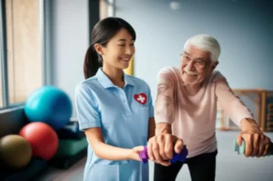 A-health-manager-assisting-an-elderly-person-with-light-exercise-in-a-bright-room.