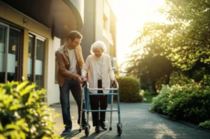 병원-앞에서-어르신을-부축하며-걷는-병원동행매니저-이미지