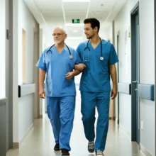 Friendly-hospital-companion-manager-helping-an-elderly-patient-walk-down-a-bright-hallway.