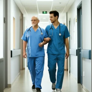Friendly-hospital-companion-manager-helping-an-elderly-patient-walk-down-a-bright-hallway.