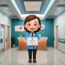 Cute-3D-hospital-coordinator-holding-a-certificate-in-a-hospital-lobby