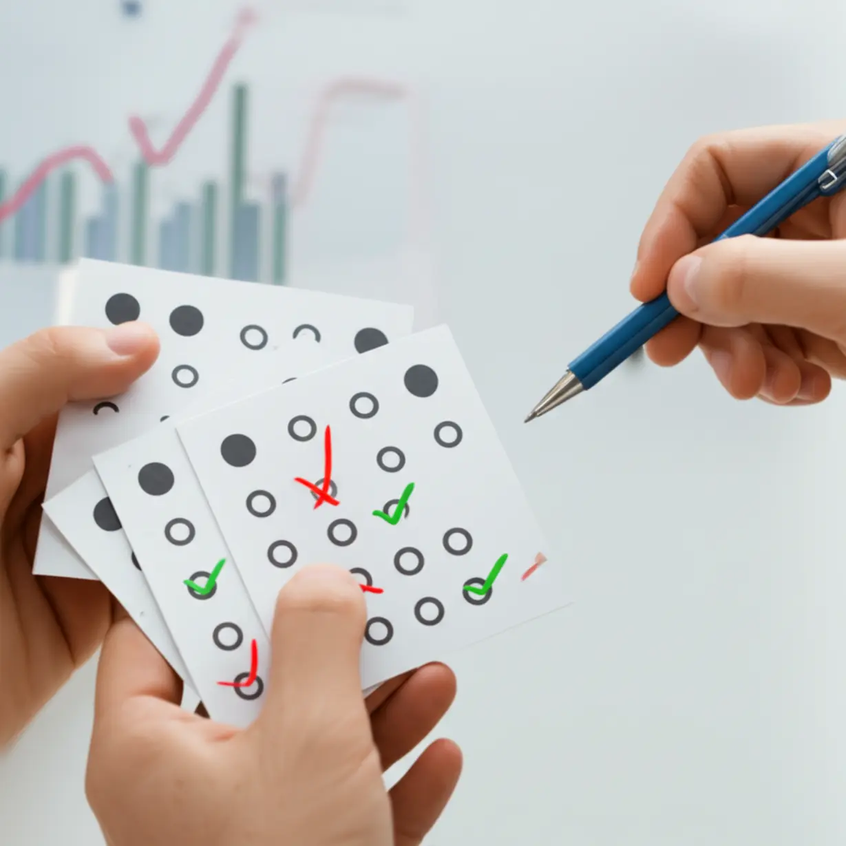Hands-holding-quiz-cards-and-checking-answers,-with-a-learning-graph-in-the-background.