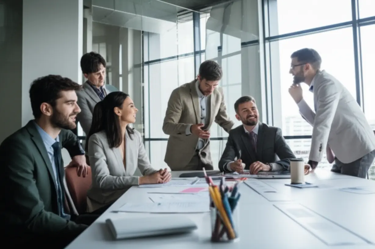 A-diverse-group-of-office-workers-communicating-in-English-in-a-modern-office,-symbolizing-the-importance-of-English-for-career-growth-and-global-collaboration.