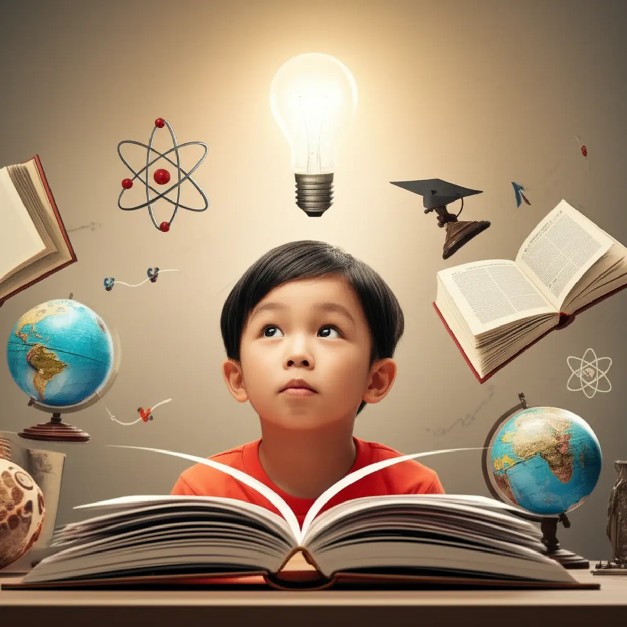 A-young-student-with-a-lightbulb-above-their-head,-surrounded-by-symbols-of-knowledge.
