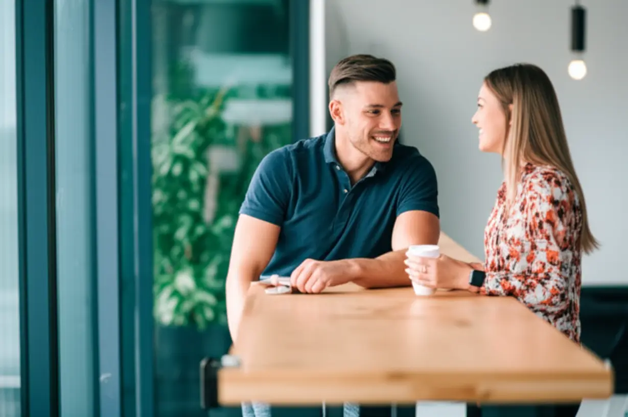 Two-colleagues-having-a-friendly-conversation-over-coffee-in-an-office-break-room,-symbolizing-informal-communication-and-teamwork.