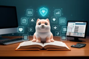 Desk-with-book,-insurance-documents,-computer-chart,-and-calculator-representing-insurance-claim-assessment.