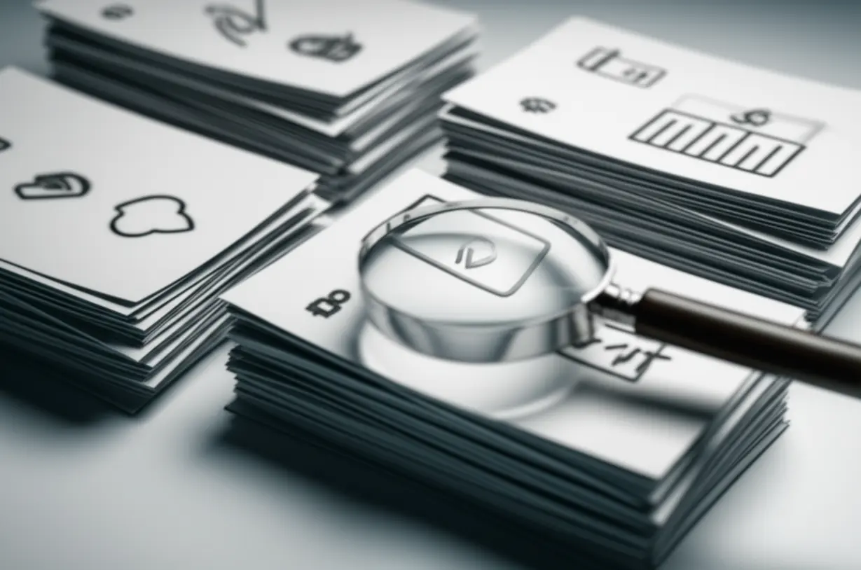 Stacks-of-documents-with-a-magnifying-glass,-symbolizing-claim-analysis-and-eligibility.