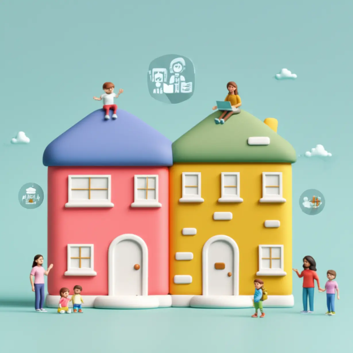 Stylized-buildings-representing-kindergarten-and-childcare-merging