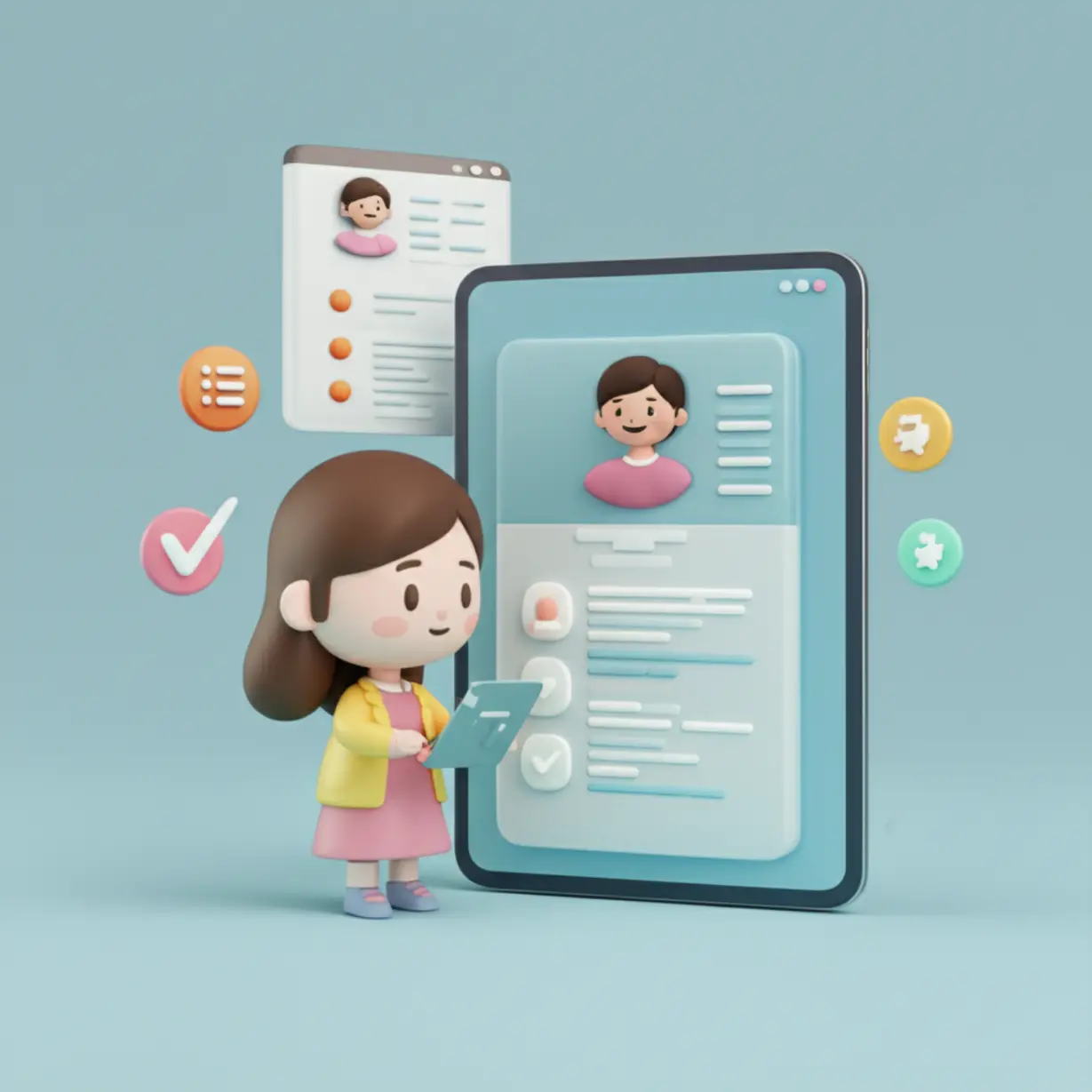 K-Work에서-이력서를-작성하고-AI-추천-채용공고를-보는-귀여운-3D-이미지