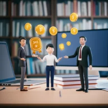 자격증-시험-자료와-마일리지-포인트가-떠다니는-밝은-공간에서-강사-캐릭터들이-소통하는-귀여운-3D-이미지