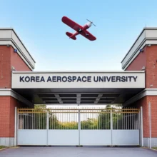 A-cute-3D-rendering-of-Korea-Aerospace-University-campus-entrance-with-an-airplane-symbol,-representing-the-FAA-A&P-program.