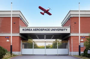 A-cute-3D-rendering-of-Korea-Aerospace-University-campus-entrance-with-an-airplane-symbol,-representing-the-FAA-A&P-program.
