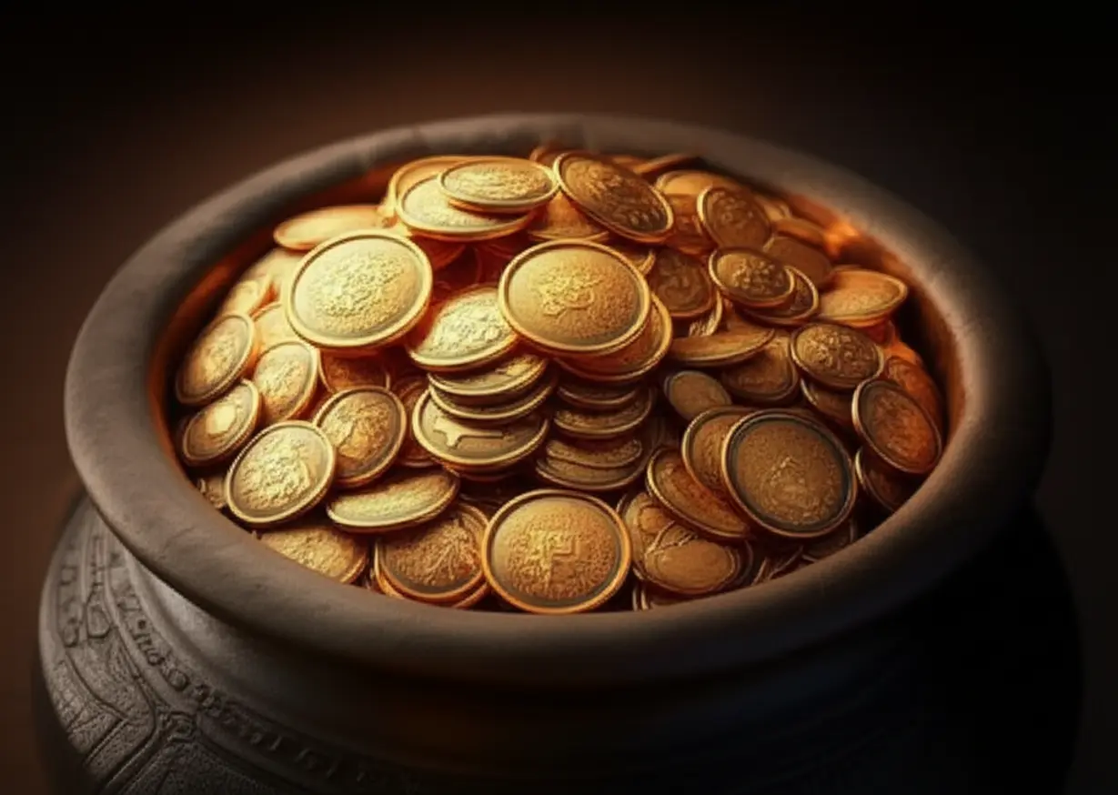 Ancient-pot-overflowing-with-gold-coins,-representing-endless-abundance