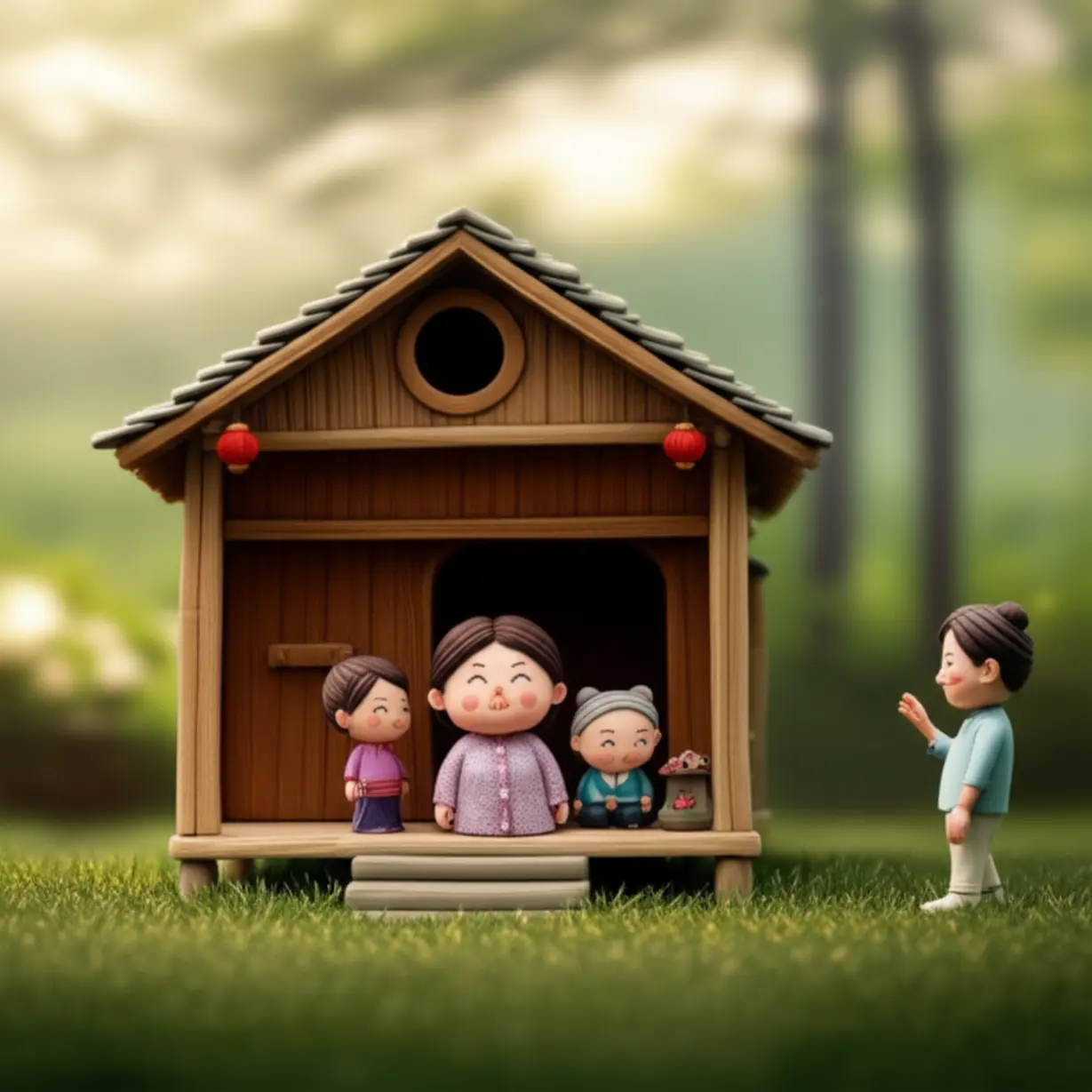 Stylized-3D-image-depicting-a-walking-marriage-scenario-in-a-traditional-house-with-figures-representing-a-matriarchal-family.