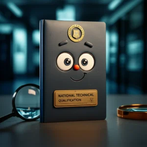 A-national-technical-qualification-booklet-showcasing-advanced-security-features-like-microtext-and-holographic-elements,-with-a-magnifying-glass.