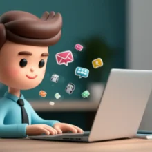 A-person-studying-English-in-an-office,-surrounded-by-icons-representing-different-work-communication-scenarios-like-meetings,-emails,-and-conversations.