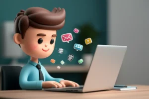 A-person-studying-English-in-an-office,-surrounded-by-icons-representing-different-work-communication-scenarios-like-meetings,-emails,-and-conversations.