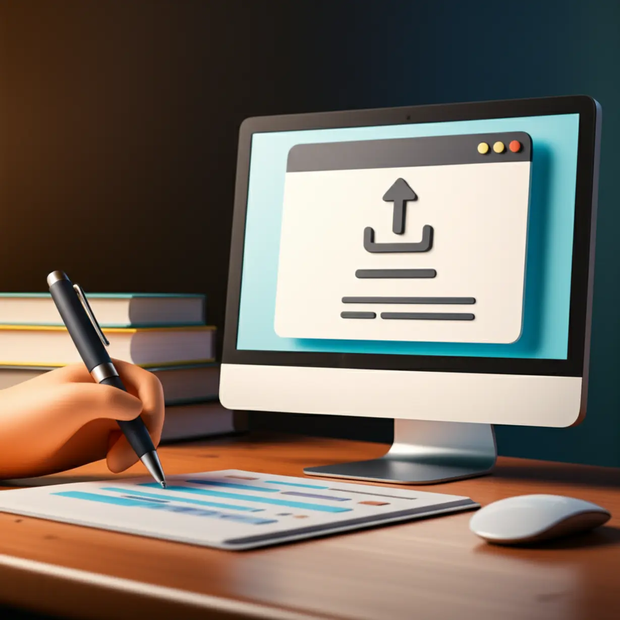 Cute-3D-rendered-image-showing-a-person-writing-on-a-form-near-a-computer,-symbolizing-online-application.