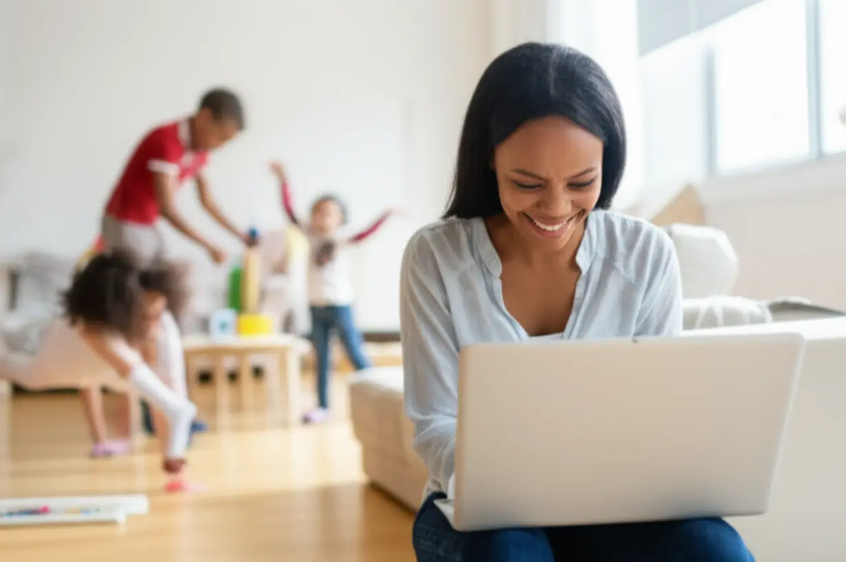 An-adult-studying-online-for-a-qualification-on-a-laptop,-with-children-in-the-background,-emphasizing-ease-and-flexibility.