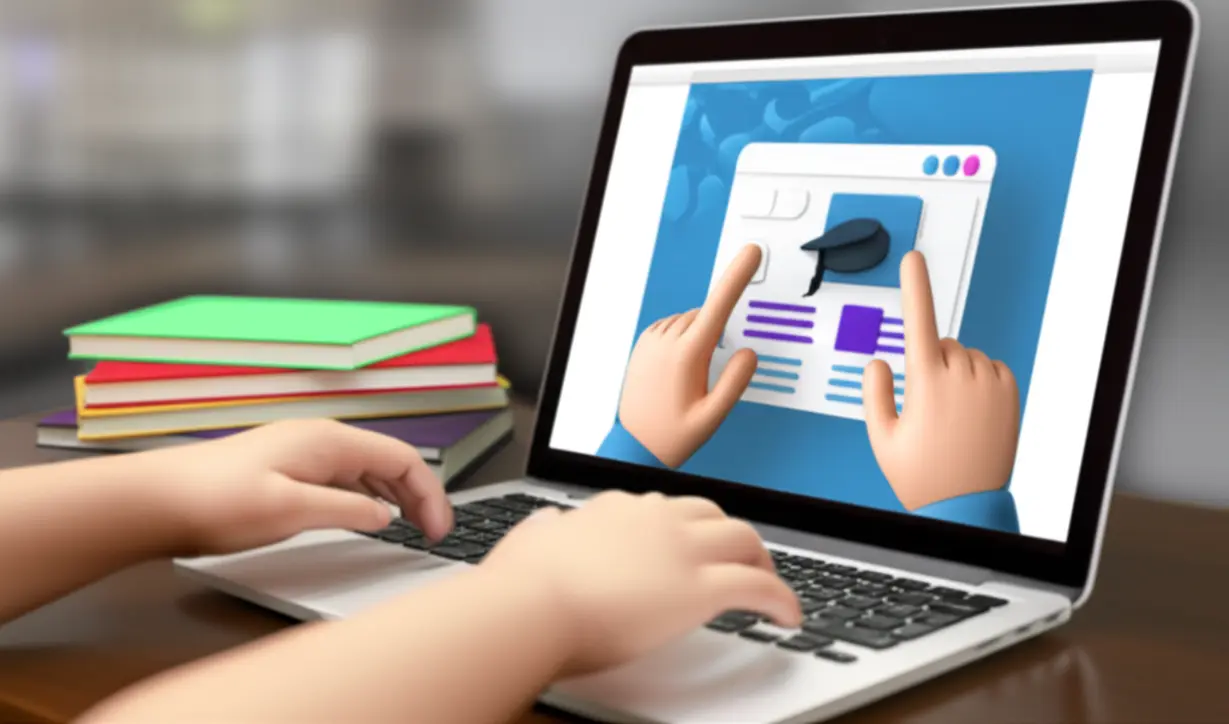 Simplified-hands-interacting-with-a-laptop-showing-online-learning-interface
