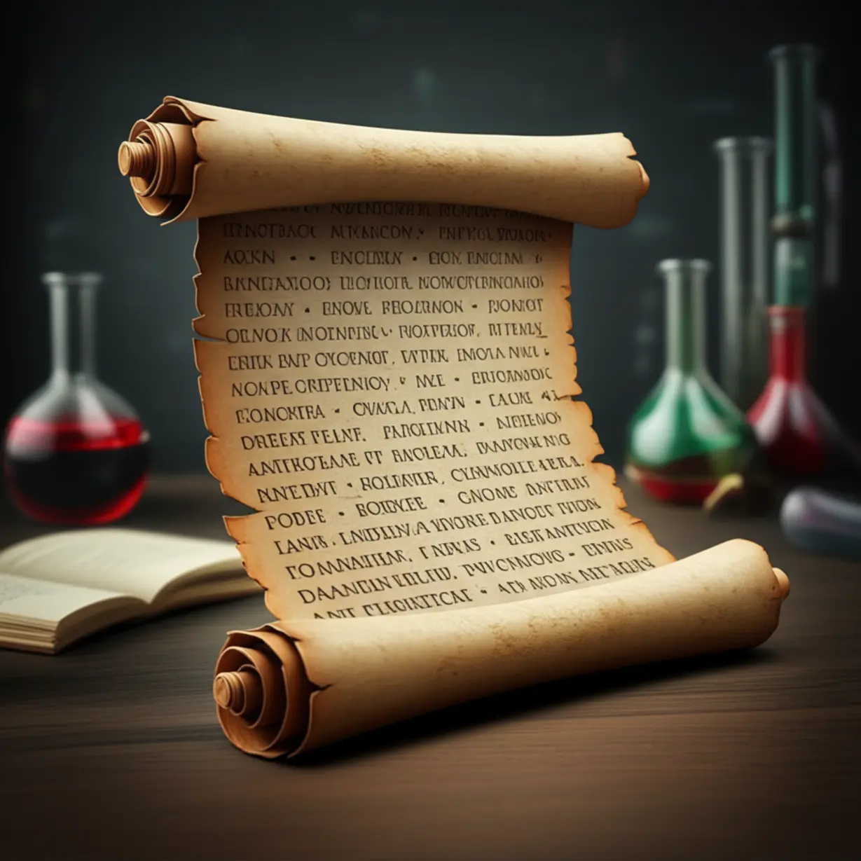 라틴어-두루마리가-필수-요소와-관련된-영어-단어로-변하는-3D-이미지