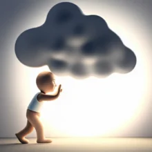 A-3D-illustration-of-a-person-pushing-away-a-grey-cloud-to-reveal-light,-symbolizing-overcoming-listlessness.