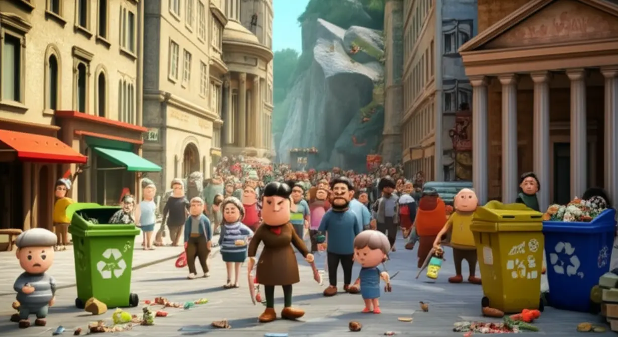 A-cute-3D-image-illustrating-problems-of-overtourism-such-as-crowded-streets,-litter,-and-strained-infrastructure.