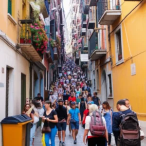 An-image-showing-a-cute-3D-rendering-of-a-popular-tourist-spot-crowded-with-people,-illustrating-the-negative-impact-of-overtourism.