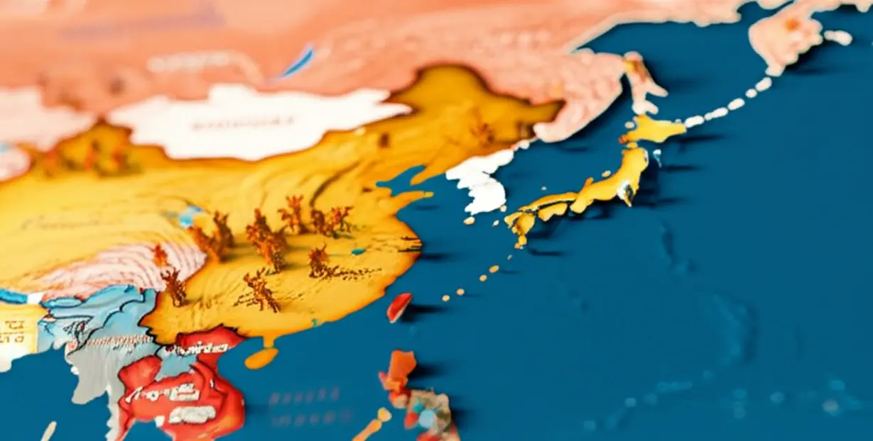 Cute-3D-map-section-showing-countries-ranked-21-30-by-population,-with-South-Korea-highlighted.