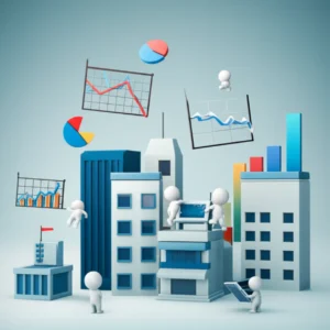 Cute-3D-illustration-of-charts-and-buildings-representing-public-institution-evaluation-results.